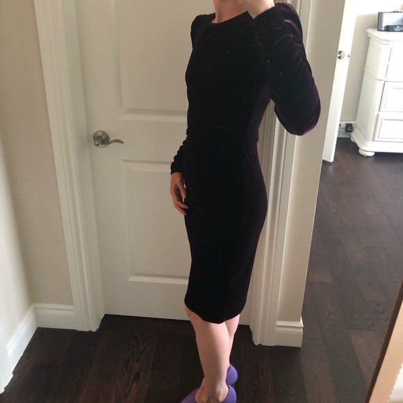 Calvin Klein Velvet Puff Sleeve Ruched Dress - Picture 6 of 16